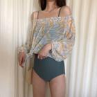 Plain Swimsuit / Long-sleeve Patterned Chiffon Cover-up Top