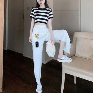Set: Striped Short-sleeve Cropped T-shirt + Slit Straight-cut Pants Set Of 2 - T-shirt - As Shown In Figure - One Size / Pants - White - One Size