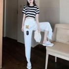 Set: Striped Short-sleeve Cropped T-shirt + Slit Straight-cut Pants Set Of 2 - T-shirt - As Shown In Figure - One Size / Pants - White - One Size