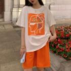 Elbow-sleeve Graphic Print T-shirt / Wide Leg Shorts / Sweatpants