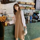 Panel Mock Two-piece Stand-collar Knit Accordion Pleat Skirt