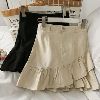 Irregular Ruffled-hem Plain Mini Skirt