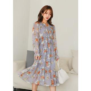 Tall Size Bloom Print Wrap Chiffon Dress