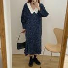 Flower Print Lantern-sleeve Midi Collared Dress As Shown In Figure - One Size