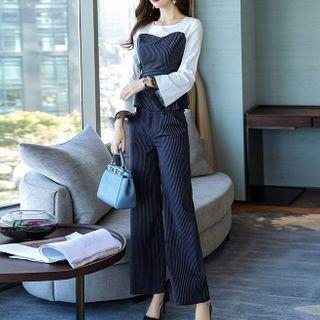 Set: Long-sleeve Striped Peplum Top + Wide-leg Pants
