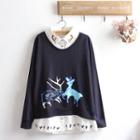 Mock Two-piece Long-sleeve Deer Print Top Navy Blue - One Size