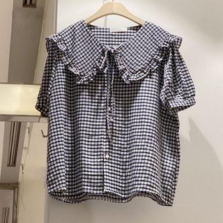 Ruffled Collar Puff Short-sleeve Check Blouse