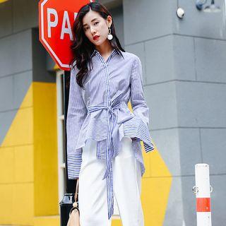 Striped Tie Waist Long-sleeve Shirt