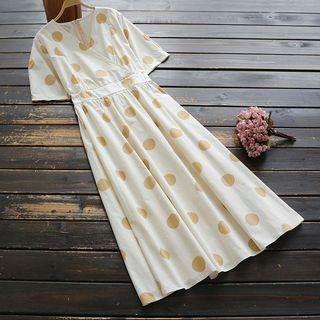 Short-sleeve Dotted Midi A-line Dress Beige - One Size