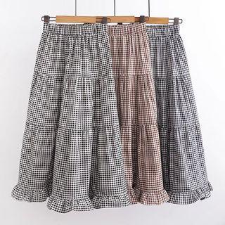 Gingham Check Tiered Midi A-line Skirt