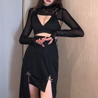 Chained Cropped Camisole Top / Buckled A-line Skirt / Hoop Accent Mesh Top / Set