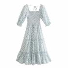 Puff Sleeve Square-neck Floral Print Layered Midi Dress