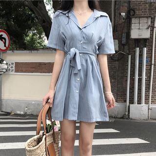 Pinstriped Short-sleeve Mini Shirtdress