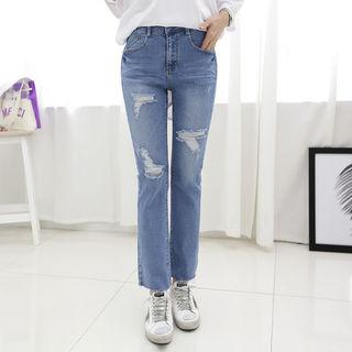 Fray-hem Distressed Striaght-cut Jeans