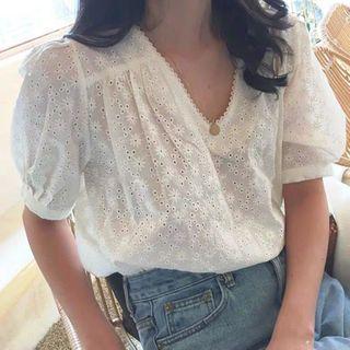 Puff-sleeve V-neck Eyelet Blouse