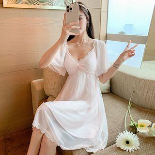 Elbow-sleeve Lace Trim A-line Sleep Dress