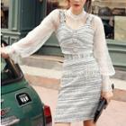 Set: Long-sleeve Top + Tweed Vest + A-line Skirt