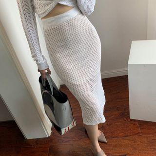 Perforated Midi Mermaid Knit Skirt White - One Size