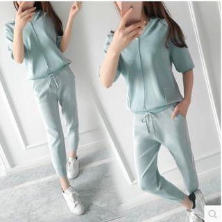 Set: Elbow-sleeve Hooded V-neck Knit Top + Harem Sweatpants