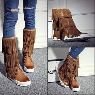 Fringe Mid-calf Genuine Leather Boots