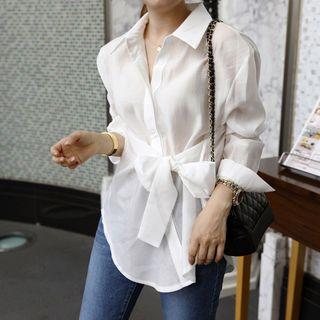 Tie-side Round-hem Blouse White - One Size