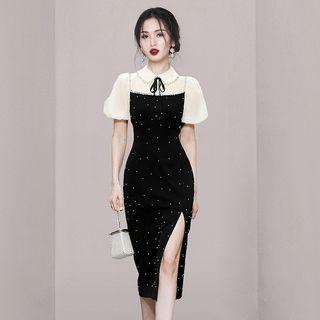 Short-sleeve Collar Beaded Midi Sheath Dress
