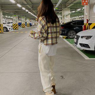 Drop-shoulder Plaid Cropped Shirt Yellow - One Size