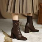 Square-toe Chunky-heel Lace-up Short Boots