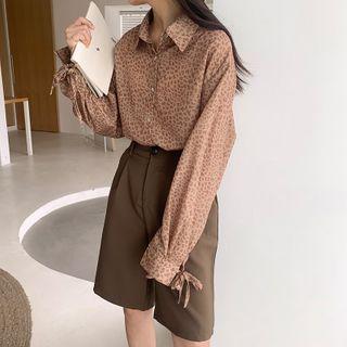 Long-sleeve Leopard Print Shirt / Wide-leg Dress Shorts
