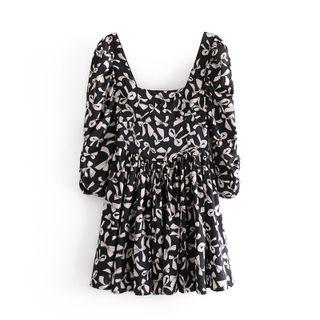 Square-neck Bow Print Mini A-line Dress