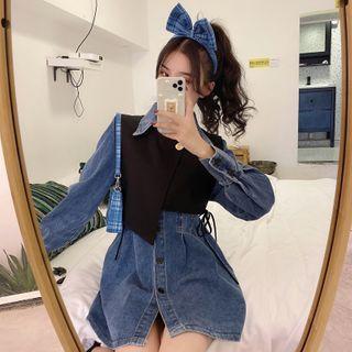 Long-sleeve Mini A-line Denim Shirtdress / Asymmetrical Vest