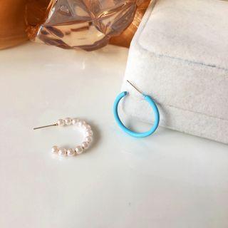 Faux Pearl Asymmetrical Open Hoop Earring 1 Pr - Blue - One Size