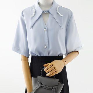 Short-sleeve Cut Out Shirt / Midi A-line Skirt