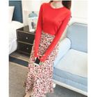 Set: Long-sleeve Knit Top + Floral Midi Skirt