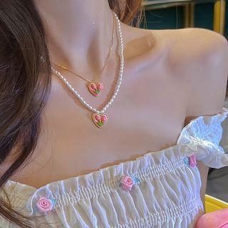 Heart Flower Pendant Alloy Necklace / Faux Pearl Necklace / Set