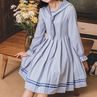 Sailor-collar Gingham--panel Pleated Dress