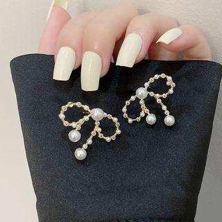 Pearl Bow Stud Earring 1 Pair - Gold - Earrings - One Size