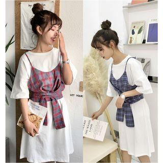 Set: Plaid Spaghetti Strap Top + Short-sleeve T-shirt Dress