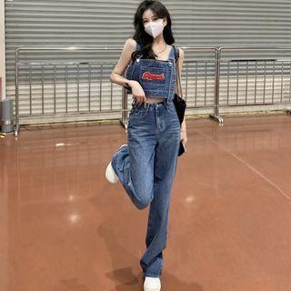 Lettering Denim Tank Top / High-waist Wide-leg Jeans