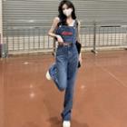 Lettering Denim Tank Top / High-waist Wide-leg Jeans