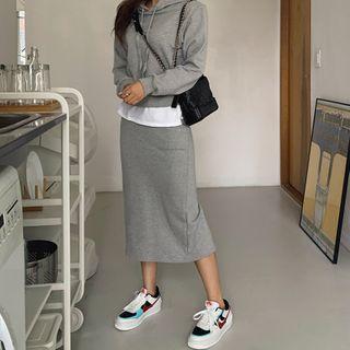 Set: Kangaroo-pocket Layered-hem Hoodie + Slit-back Skirt