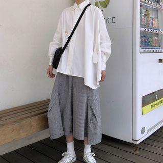 Asymmetric Shirt / Plaid Cropped Wide-leg Pants
