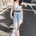 Dotted Camisole Top / Ripped Straight Cut Jeans / Faux Leather Belt