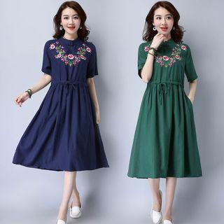 Short-sleeve Embroidered Midi A-line Dress