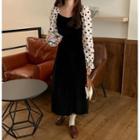 Long-sleeve Dotted Panel Midi A-line Dress Black - One Size