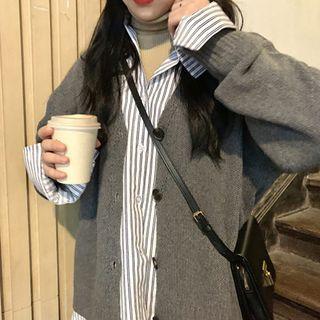 V-neck Cardigan / Striped Shirt