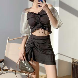 Set: Puff-sleeve Two-tone Swim Top + Swim Skirt