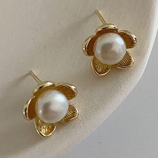 Flower Pearl Earring 1 Pair - White Pearl - Gold - One Size