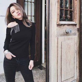 Mock Neck Rhinestone Fringe Cut Out Knit Top