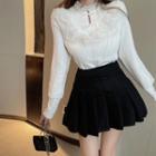 Long-sleeve Lace Trim Frog-buttoned Top / Pleated Mini A-line Skirt